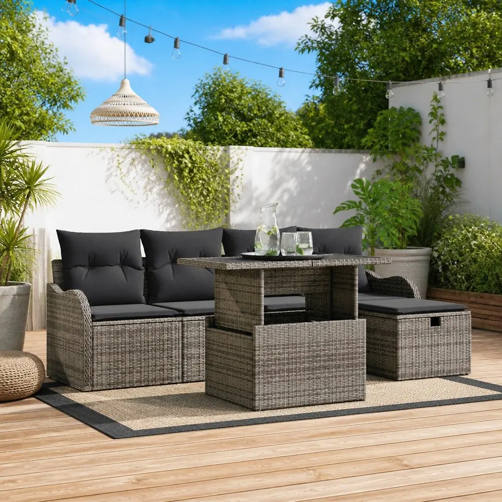 Modular Garden Sofa Set Grey Poly Rattan 6 Piece Outdoor Furniture with Storage
