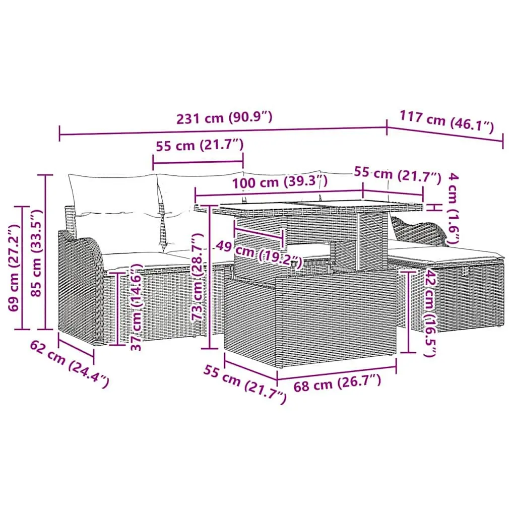 Modular Garden Sofa Set 6 Piece Outdoor Furniture with Cushions and Storage Table
