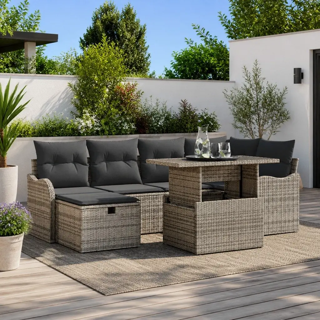 Modular 7 Piece Garden Sofa Set Grey Poly Rattan Outdoor Furniture with Cushions