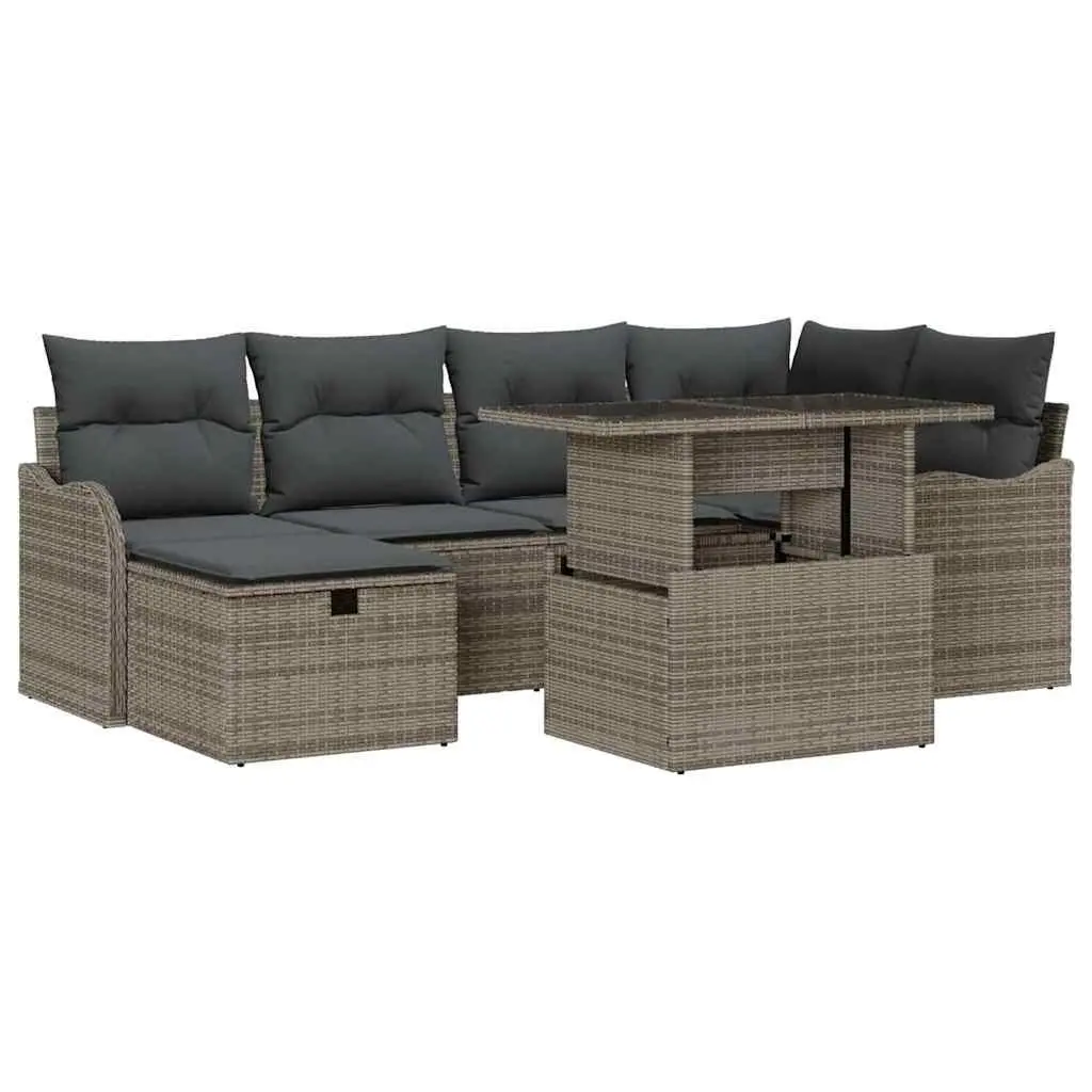 Modular 7 Piece Garden Sofa Set Grey Poly Rattan Outdoor Furniture with Cushions