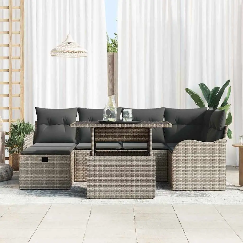 Modular 7 Piece Garden Sofa Set Grey Poly Rattan Outdoor Furniture with Cushions