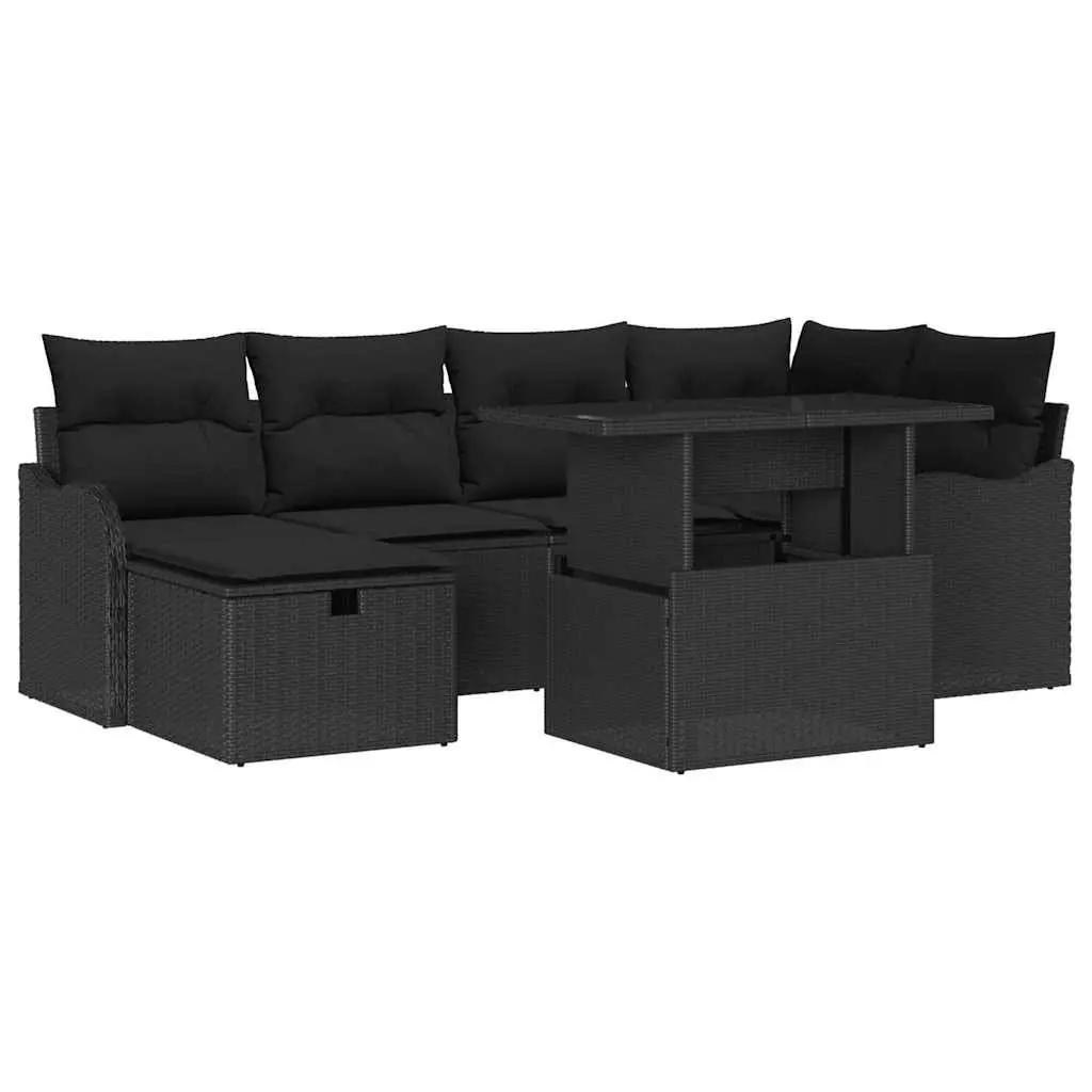 7 Piece Modular Outdoor Sofa Set Black Poly Rattan with Tempered Glass Table and Cushions