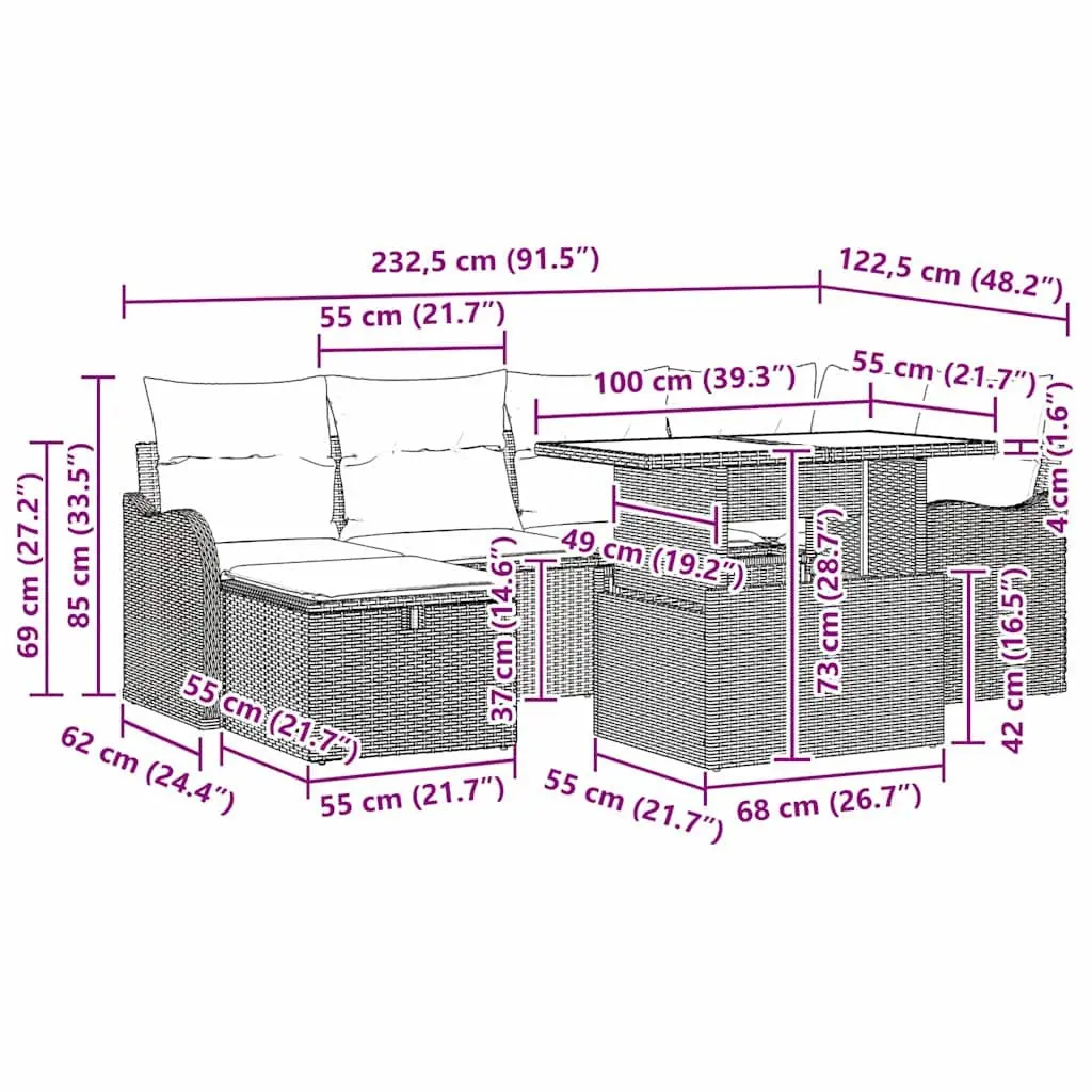 7 Piece Modular Outdoor Sofa Set Black Poly Rattan with Tempered Glass Table and Cushions