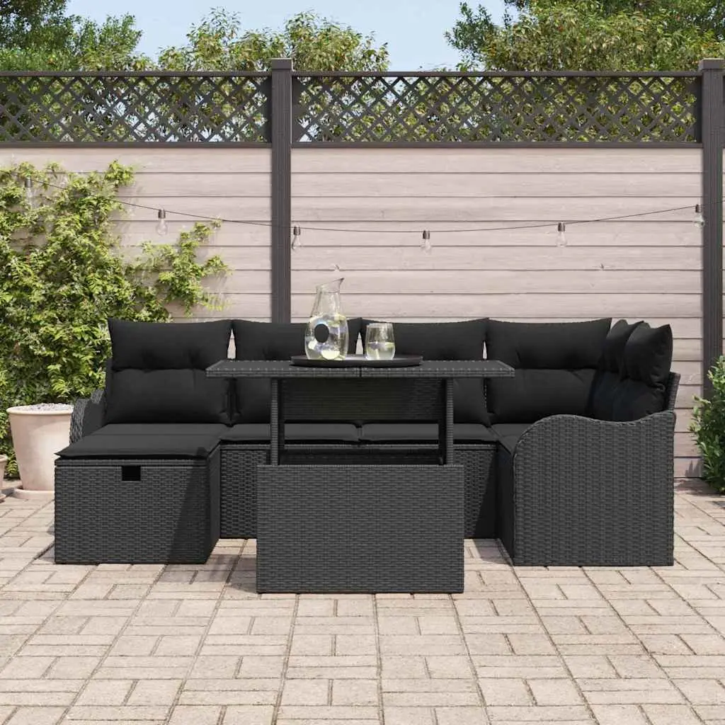 7 Piece Modular Outdoor Sofa Set Black Poly Rattan with Tempered Glass Table and Cushions