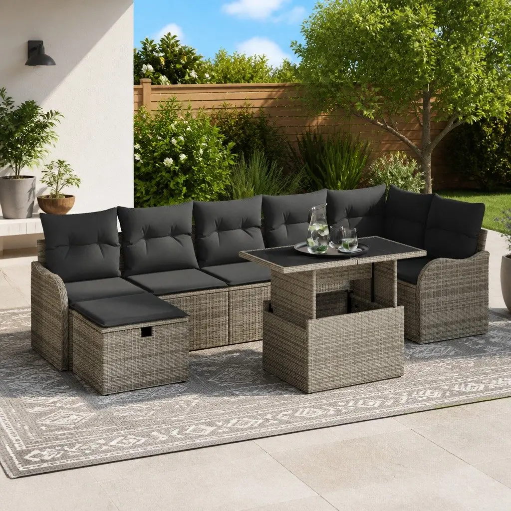 Outdoor Furniture Set Grey Poly Rattan Modular Garden Sofa 8 Piece Seating