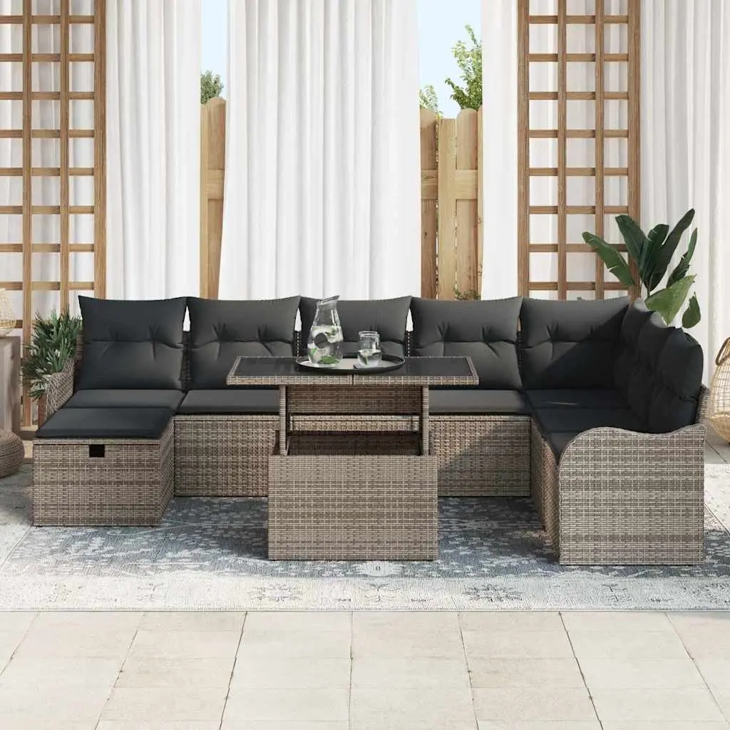 Modular Rattan Outdoor Sofa Set 9 Piece Grey Cushions Weather-Resistant with Adjustable Table and Hidden Storage