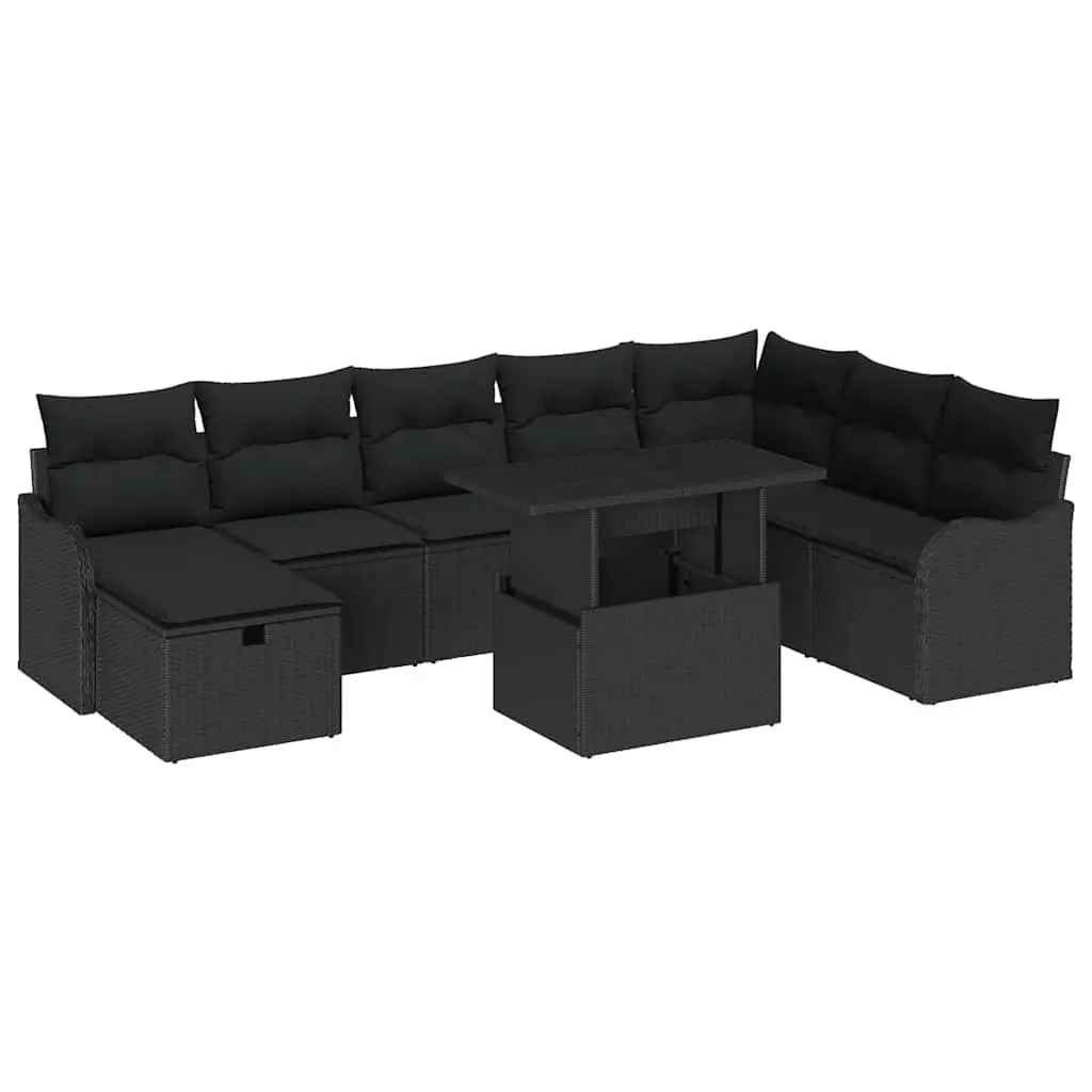 Outdoor Garden Sofa Set 9 Pieces Modular Black Poly Rattan with Cushions Table