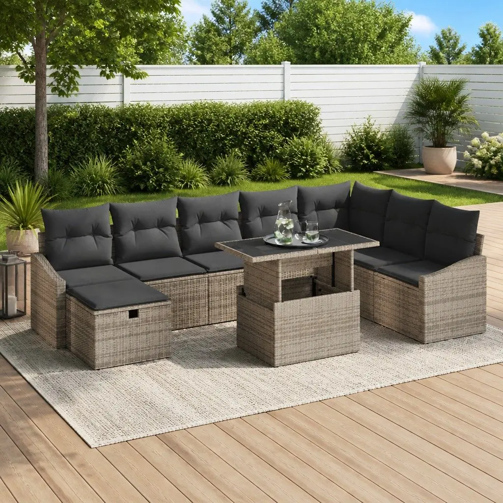 Modular Garden Sofa Set 9 pcs Outdoor Furniture with Storage Cushion Poly Rattan