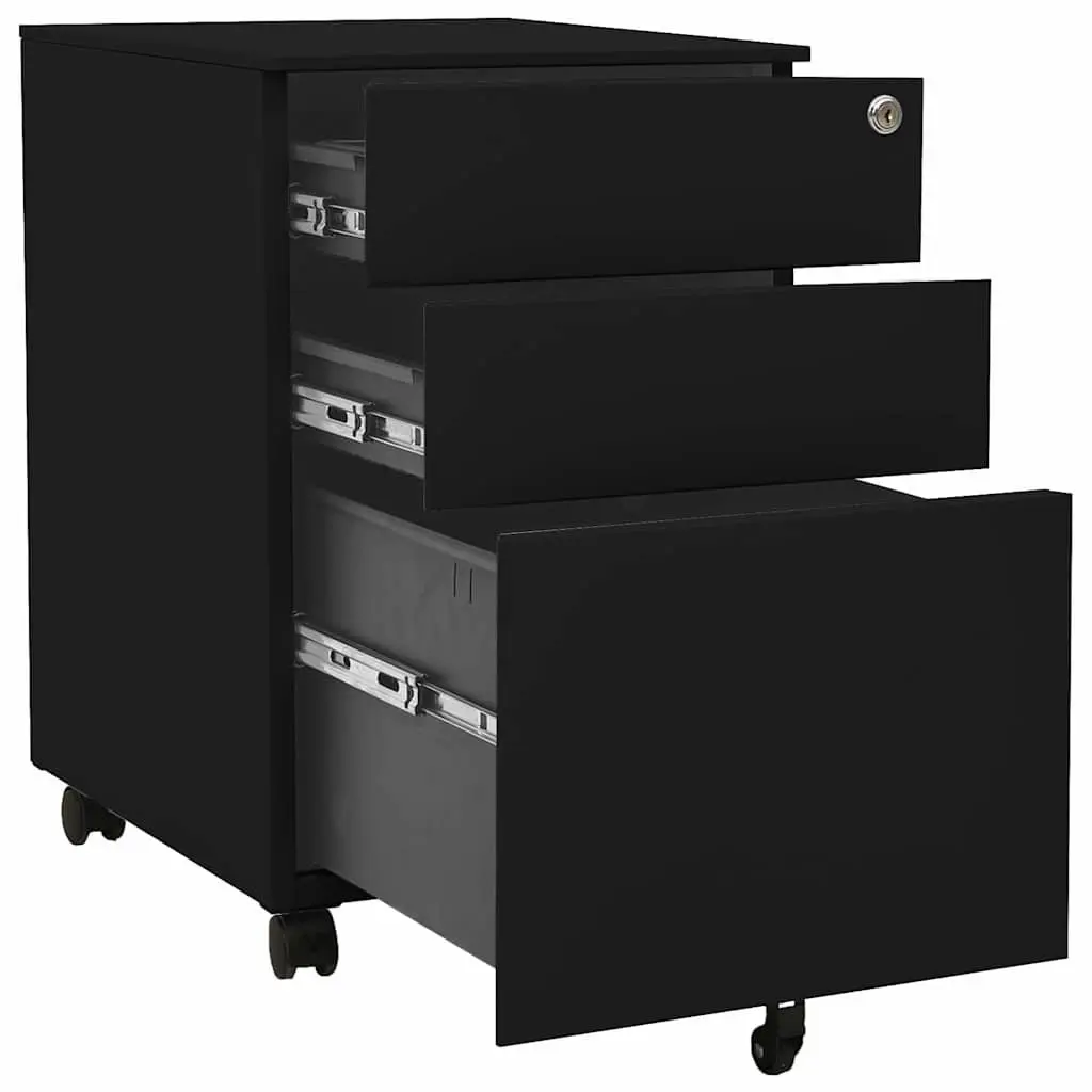 Mobile File Cabinet Lockable 3 Drawer Steel Office Filing Storage Black