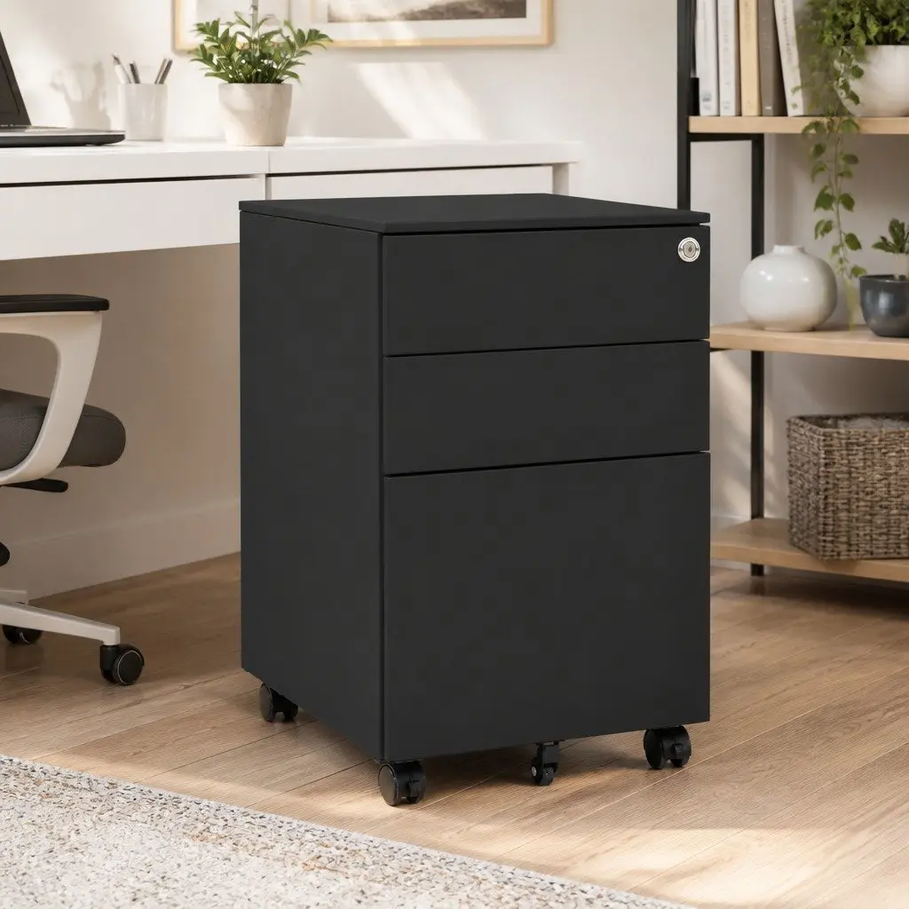 Mobile Filing Cabinet 3 Drawer Steel Office Storage with Locks Anthracite