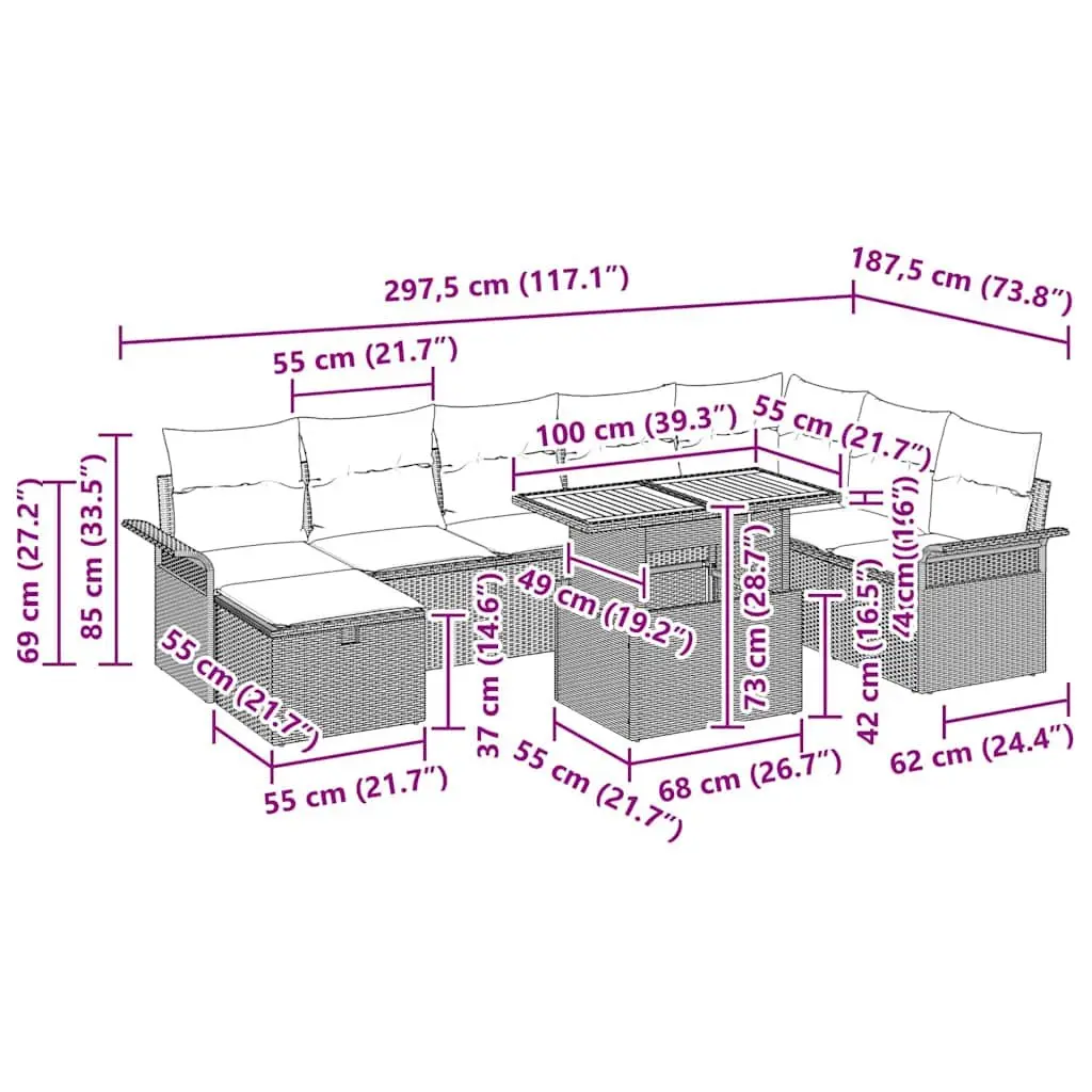 Garden Sofa Set Outdoor Furniture 9 pcs Black Poly Rattan Modular Lounge Seating