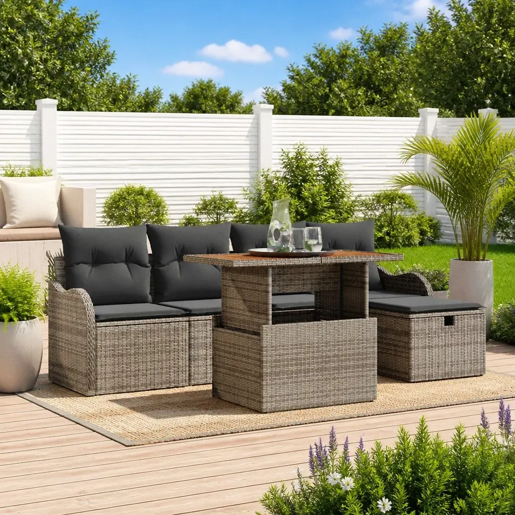 Garden Sofa Set 6 Pieces Grey Outdoor Furniture with Height Adjustable Table