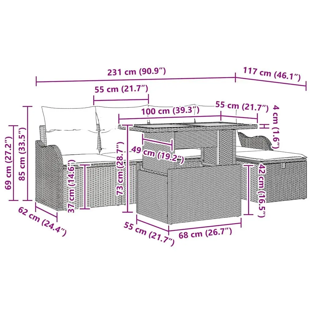 Garden Sofa Set 6 Pieces Grey Outdoor Furniture with Height Adjustable Table