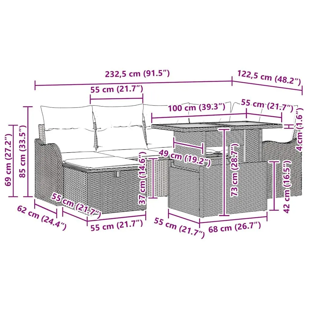 7 Piece Outdoor Garden Sofa Set Grey Modular Sectional Poly Rattan Furniture