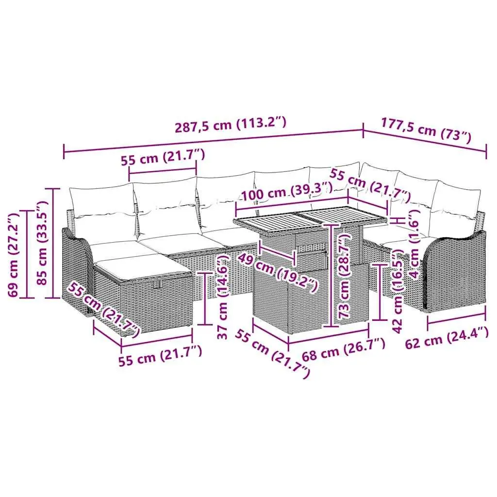 9 Piece Garden Sofa Set Black Poly Rattan Outdoor Furniture Patio Lounge Seating