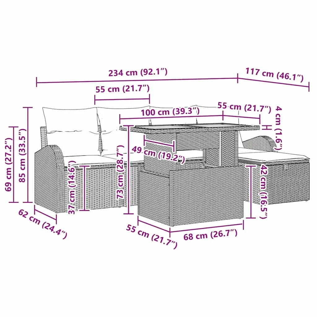 Garden Sofa Set 6 pcs Outdoor Furniture Black Poly Rattan Patio Lounge Sectional