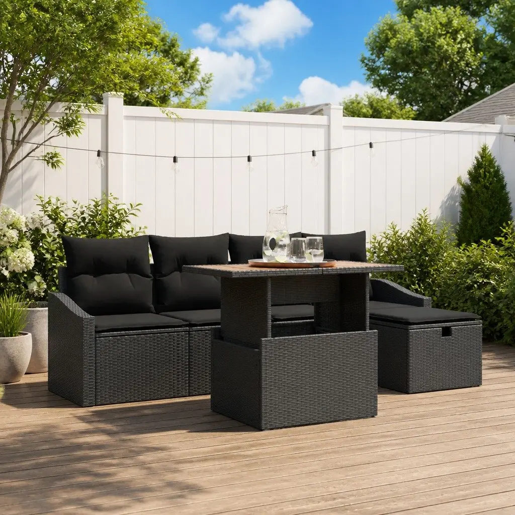 Outdoor Garden Sofa Set 6 Piece Black Poly Rattan Patio Furniture with Cushions