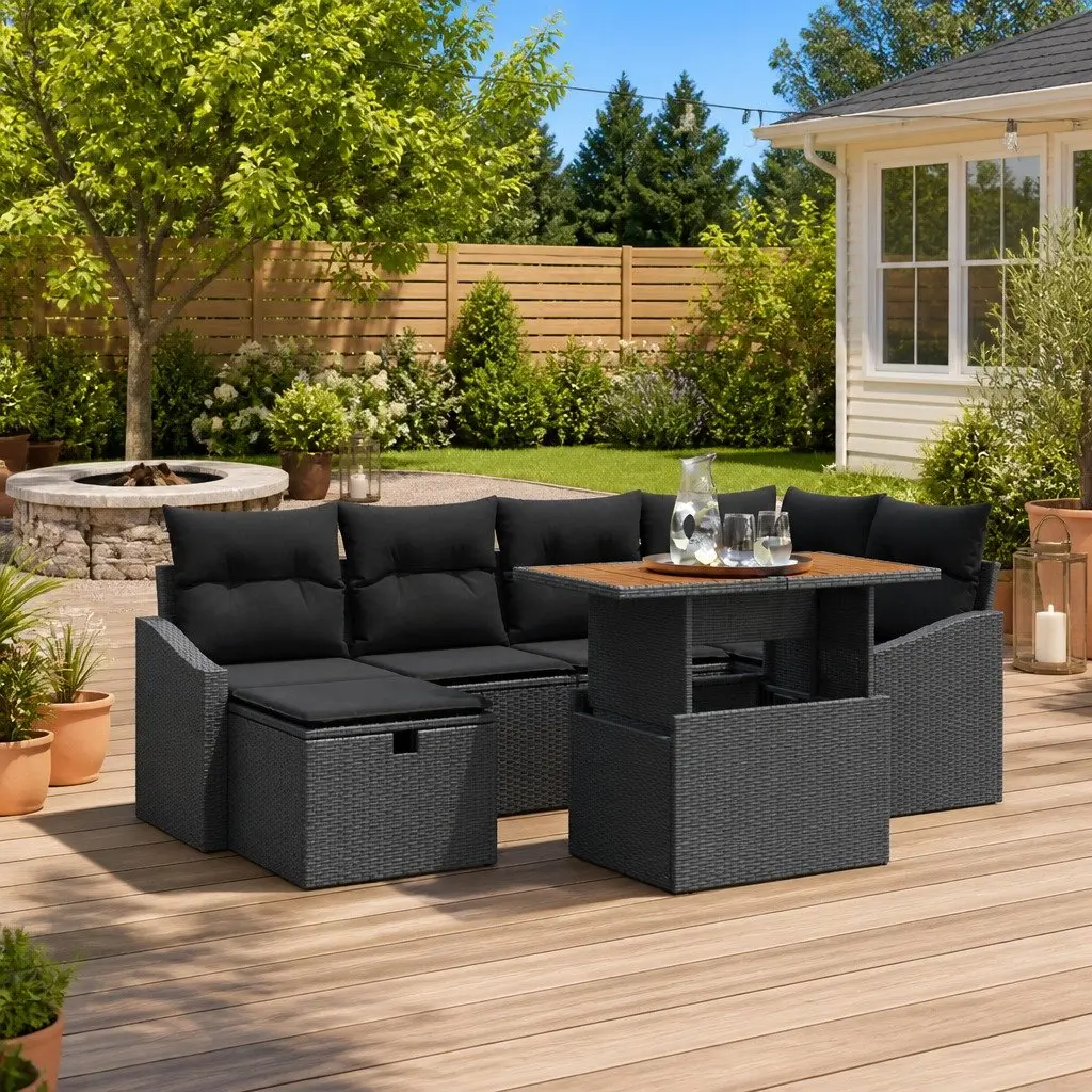 Garden Sofa Set 7 pcs Outdoor Lounge Furniture Black Poly Rattan Modular Patio