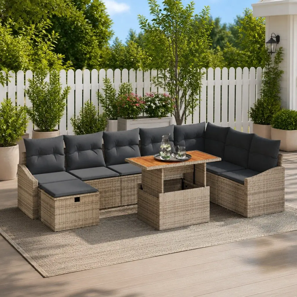 Garden Sofa Set Modular Outdoor Furniture Grey Poly Rattan 9 Piece