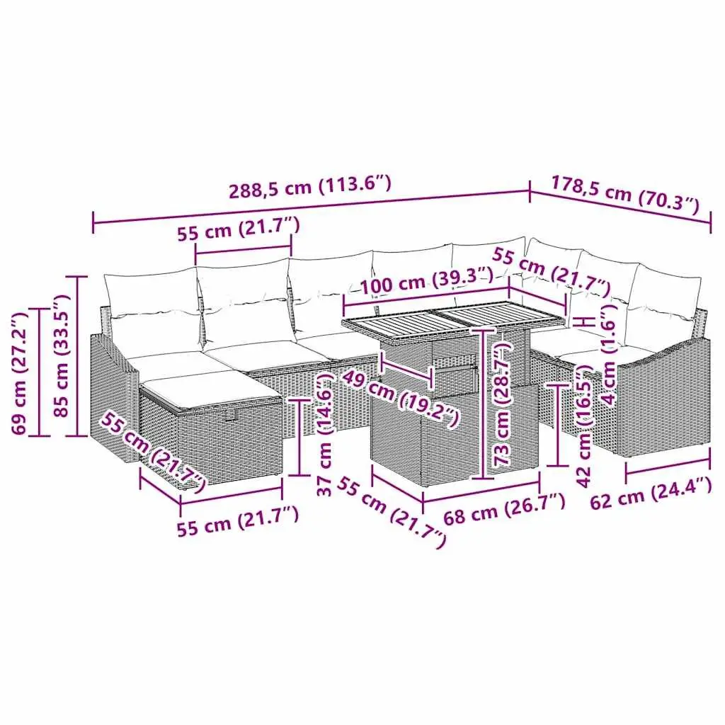 Garden Sofa Set Modular Outdoor Furniture Black Poly Rattan 9 Pieces