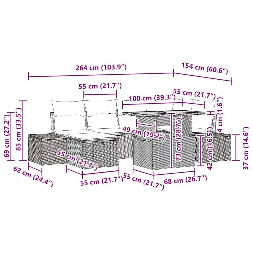 Garden Sofa Set Outdoor Furniture 7 Pieces Black Poly Rattan Modular Patio