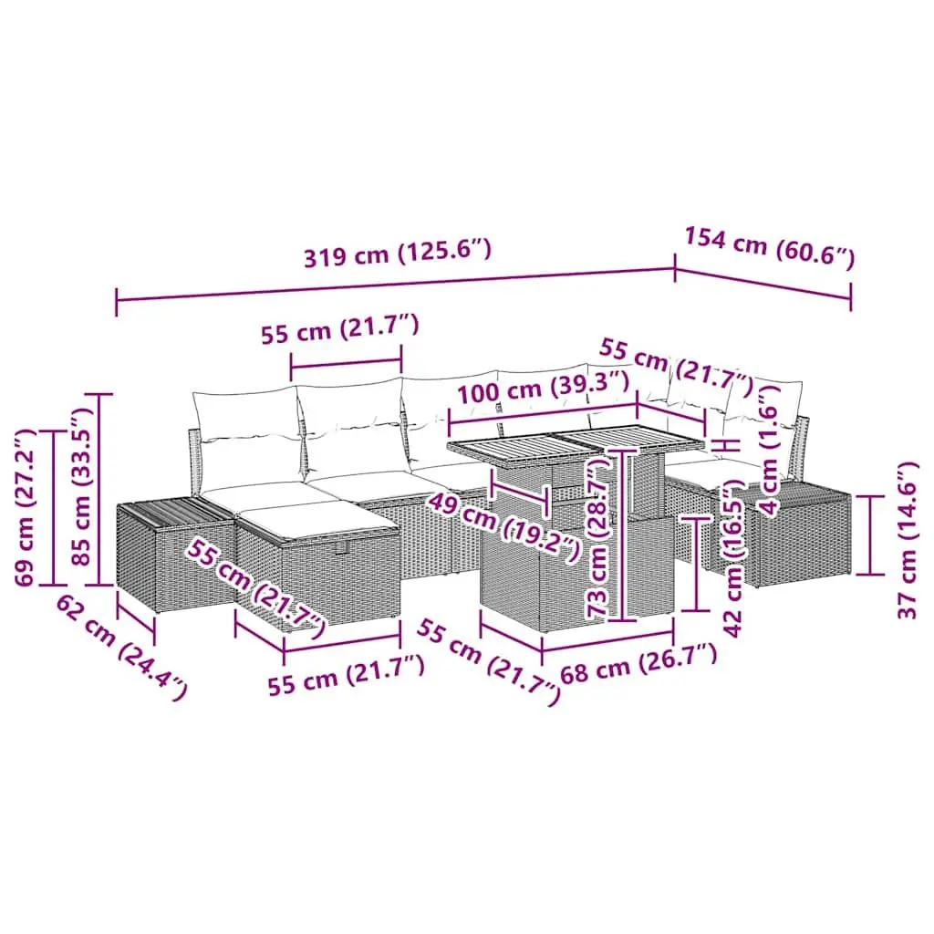 Modular Garden Sofa Set 8 Pieces Black Poly Rattan with Height Adjustable Table