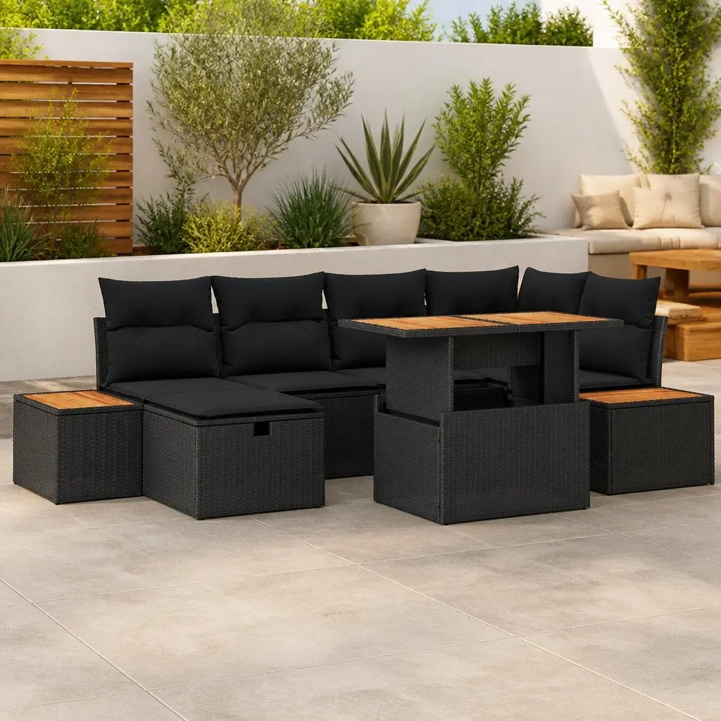 Garden Sofa Set 7 Pieces Black Poly Rattan Outdoor Furniture Patio Lounge