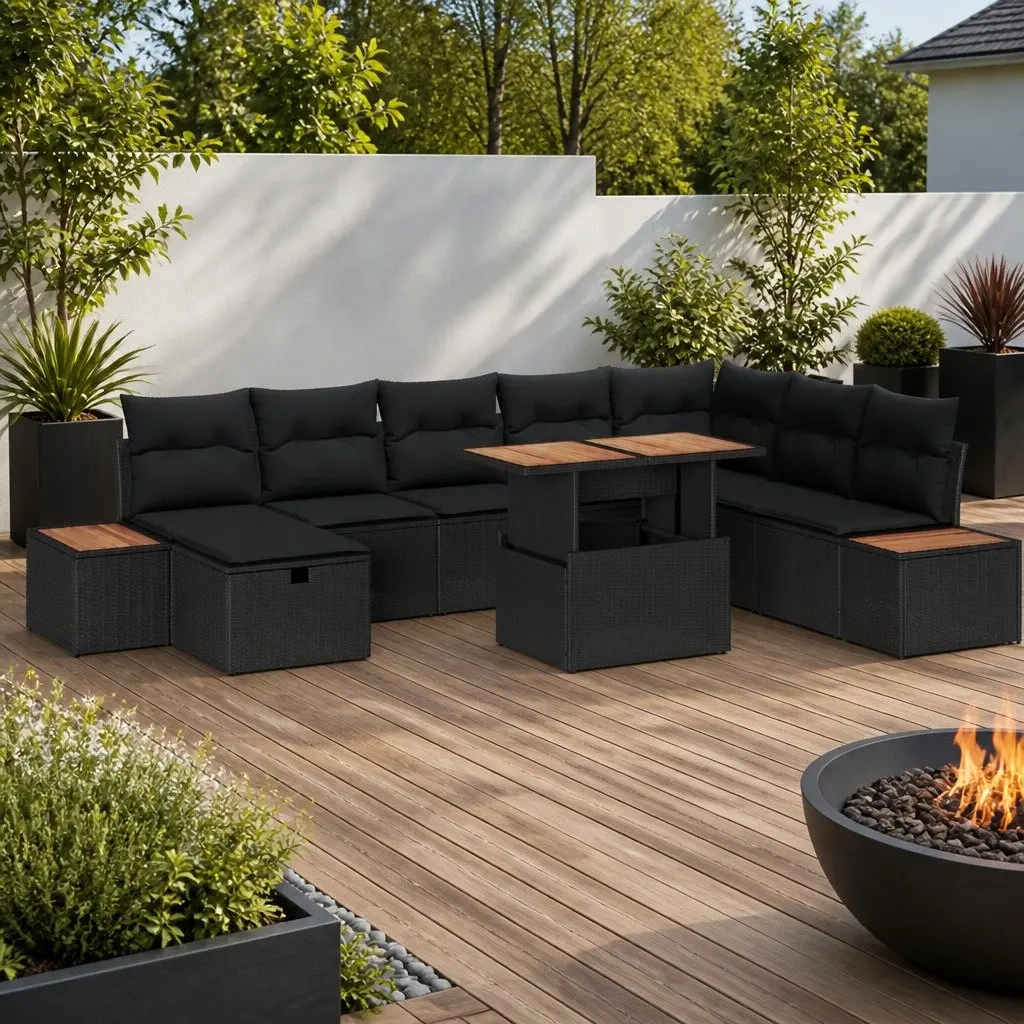 Garden Sofa Set 9 Piece Outdoor Furniture Black Poly Rattan Seating Arrangement