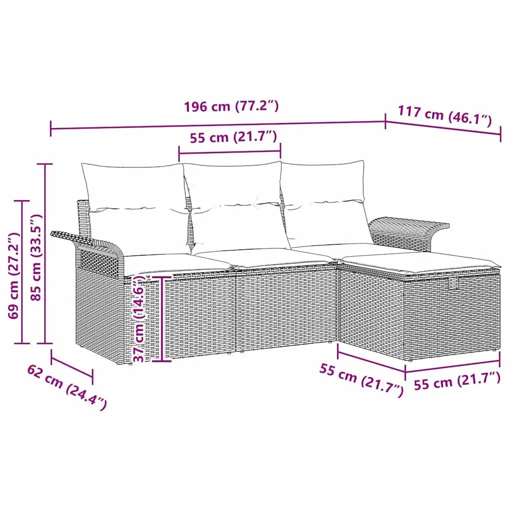 Modular Garden Sofa Set 4 Piece Light Grey Poly Rattan Outdoor Furniture with Cushions and Storage Compartment