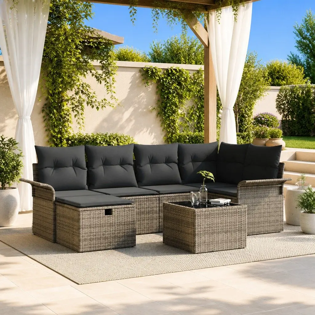 Outdoor Garden Sofa Set 7 Piece Poly Rattan Furniture with Cushion Storage Brown