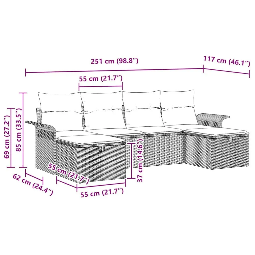Modular Outdoor Garden Sofa Set Grey Poly Rattan 6 Piece with Cushions