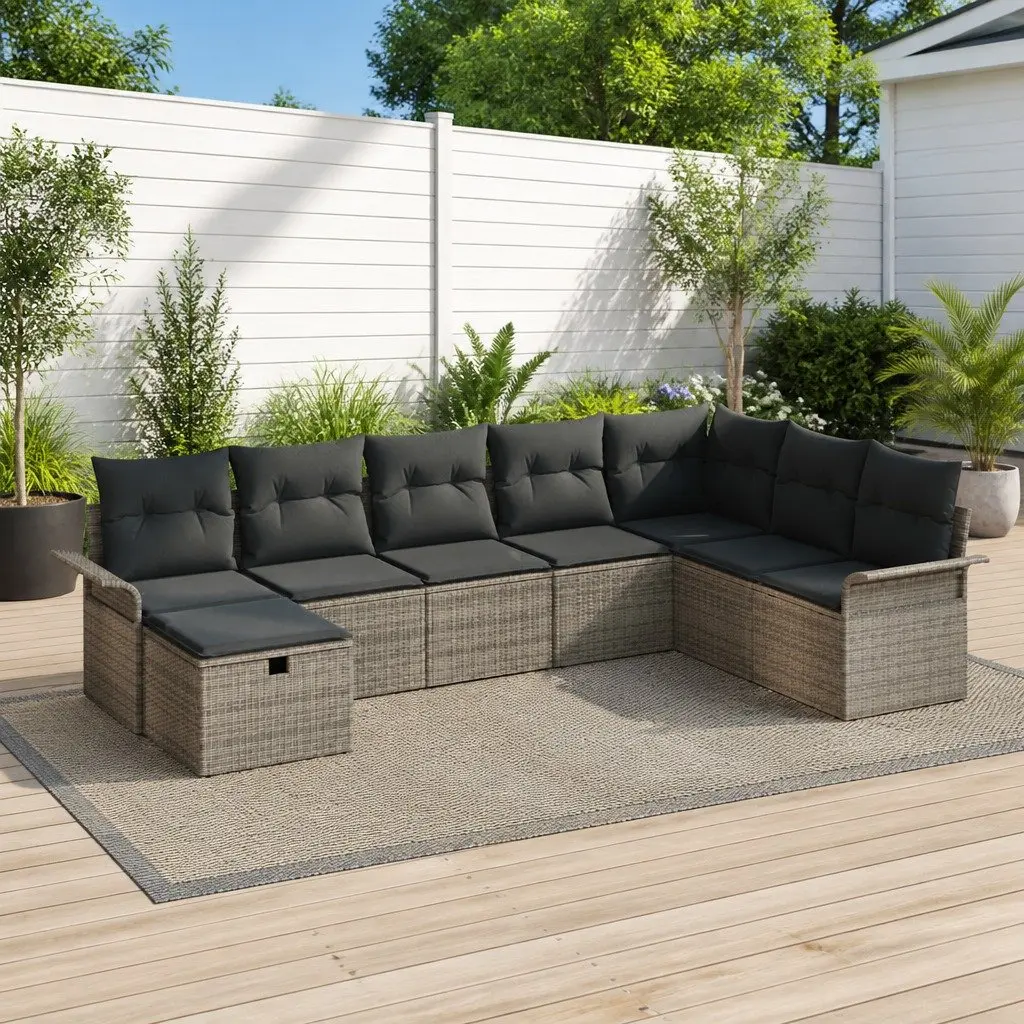 Modular Outdoor Seating Set 8 Pieces Grey Poly Rattan Garden Sofa with Cushions