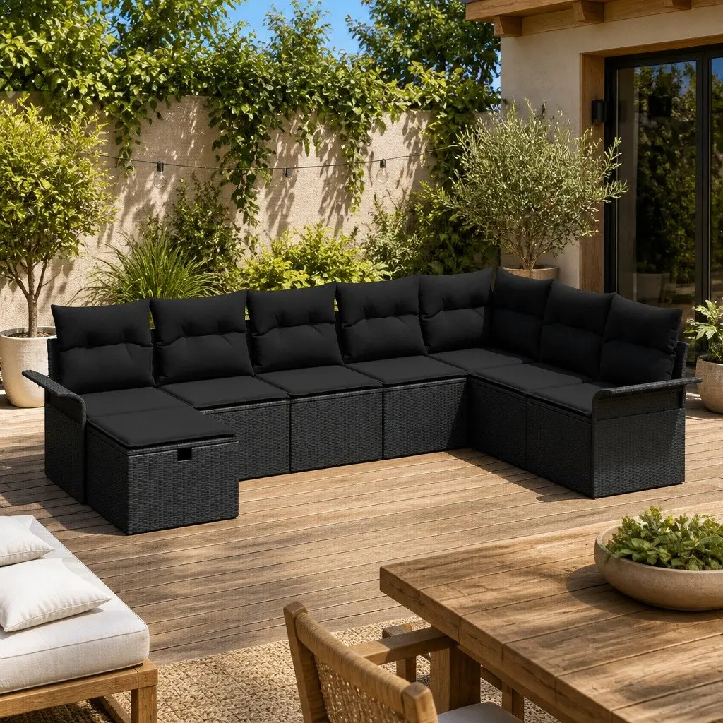 Modular Outdoor Seating Sofa Set 8 Piece Black Poly Rattan with Cushions