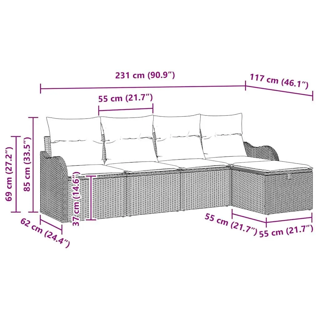 Outdoor Garden Sofa Set 5 Pieces Black Poly Rattan Modular Furniture Patio