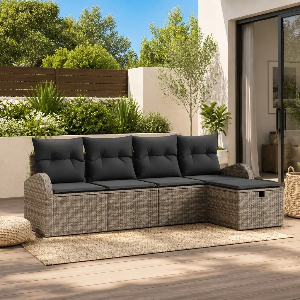 Modular Garden Sofa Set Grey Poly Rattan 5 Pieces Outdoor Patio Furniture