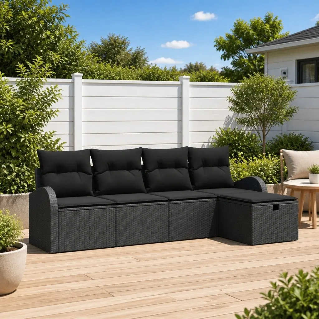 Modular Garden Sofa Set 5pcs Black Poly Rattan Outdoor Furniture