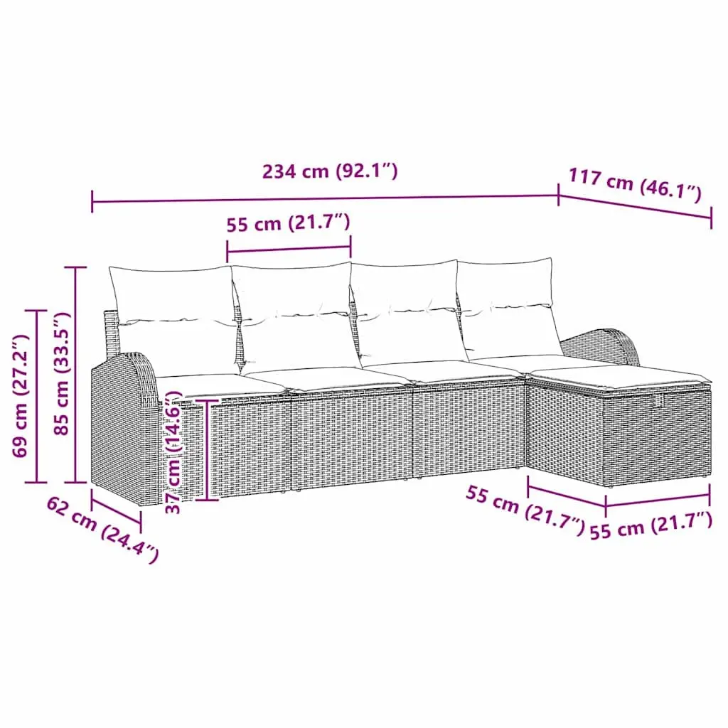 Modular Garden Sofa Set 5pcs Black Poly Rattan Outdoor Furniture