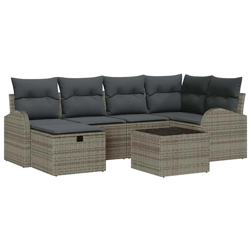 Modular Garden Sofa Set 7 Piece Grey Poly Rattan Outdoor Sectional with Cushions
