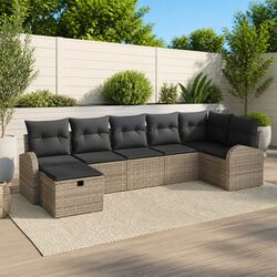 Garden Sofa Set 7 Pieces Grey Outdoor Furniture Poly Rattan Acacia Wood