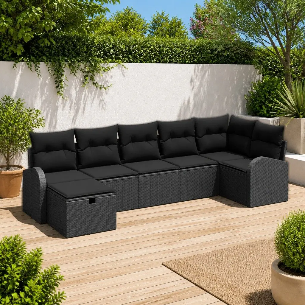 7 Piece Modular Outdoor Garden Sofa Set Black Poly Rattan with Cushions
