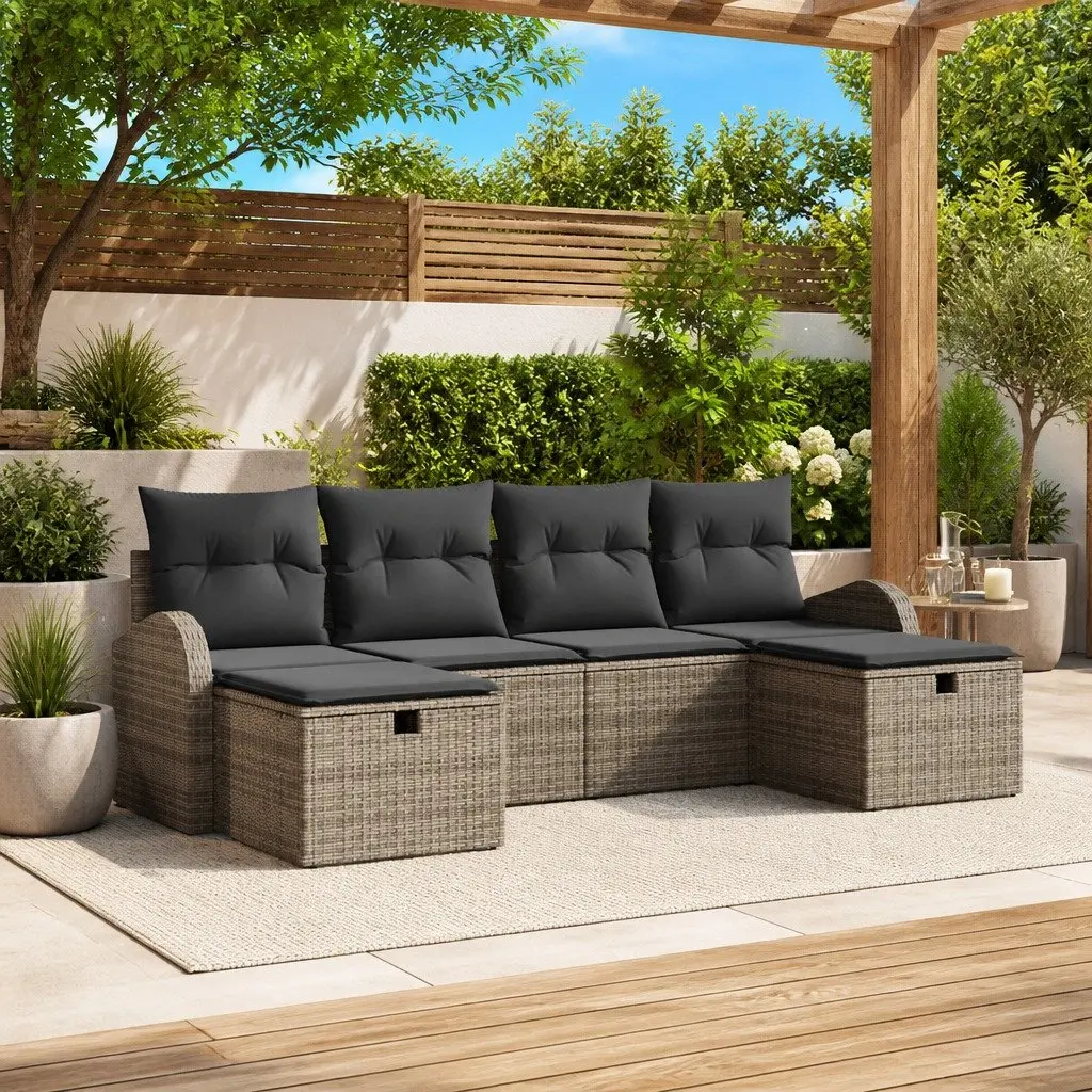Modular Garden Sofa Set Grey 6 Pieces Poly Rattan Outdoor Furniture