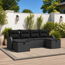 Outdoor Garden Sofa Set 6 Piece Modular Black Poly Rattan Lounge with Cushions