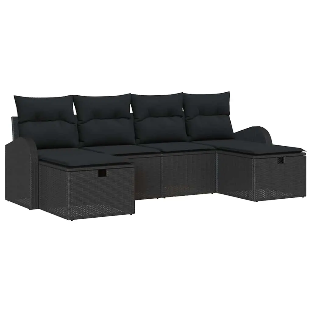 Modular Outdoor Garden Sofa Set Black Poly Rattan 6 Piece with Cushions