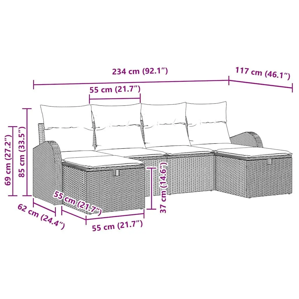Modular Outdoor Garden Sofa Set Black Poly Rattan 6 Piece with Cushions
