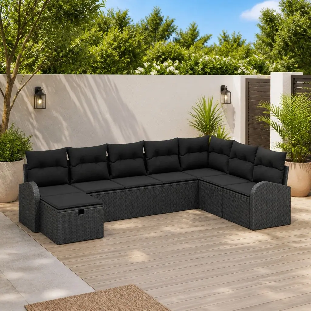 Garden Sofa Set Modular Black Poly Rattan 8 Piece Outdoor Furniture