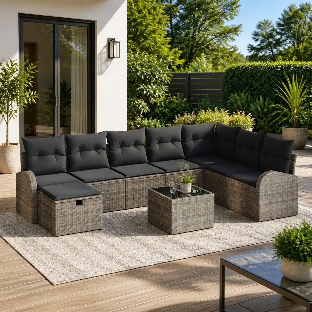 Modular Garden Sofa Set 9 Pieces Poly Rattan and Solid Acacia Wood Outdoor Furniture