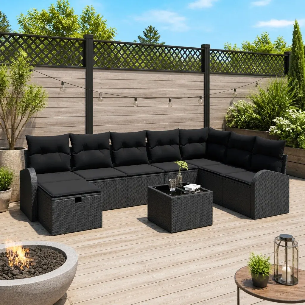 Modular Outdoor Sofa Set 9 Pieces Weather-Resistant Poly Rattan and Acacia Wood Black with Storage