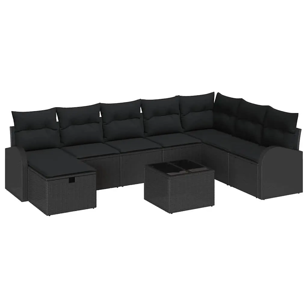 Modular Outdoor Sofa Set 9 Pieces Weather-Resistant Poly Rattan and Acacia Wood Black with Storage