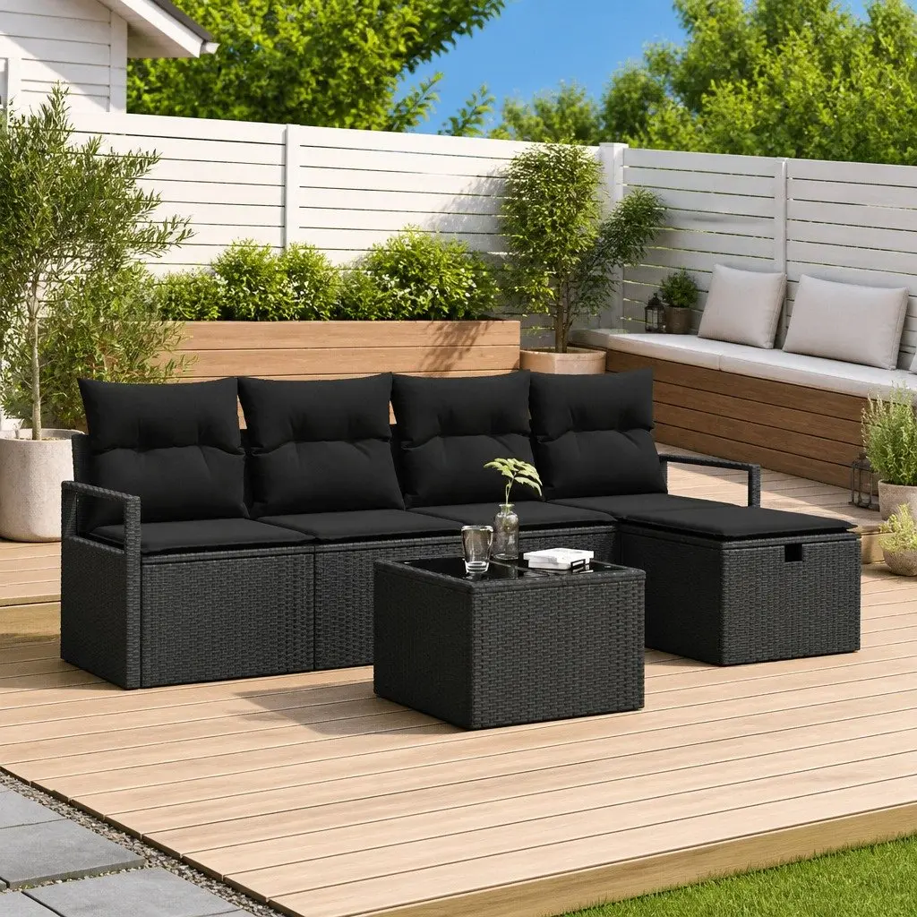 Modular Outdoor Garden Sofa Set 6 Piece Black Poly Rattan Lounge with Cushions