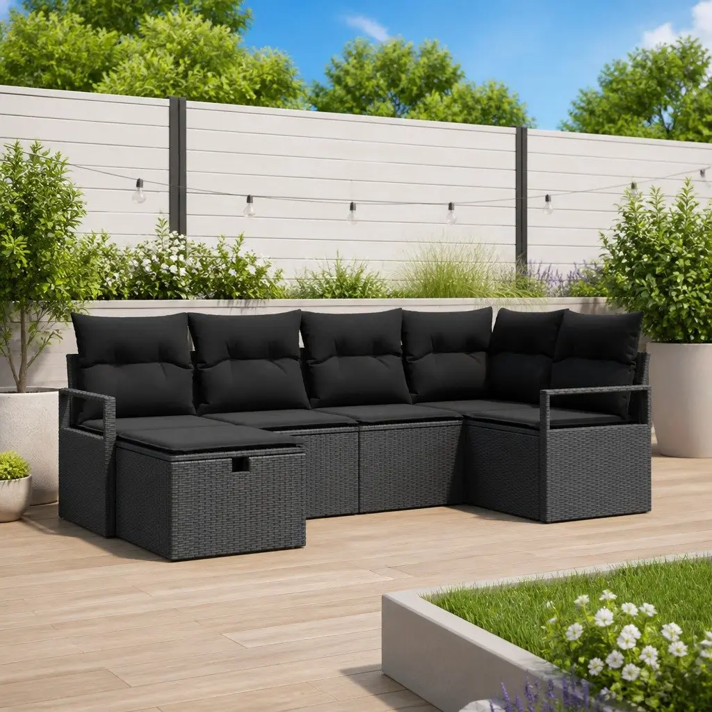 Modular Outdoor Garden Sofa Set 6 Pieces Black Poly Rattan with Removable Cushions